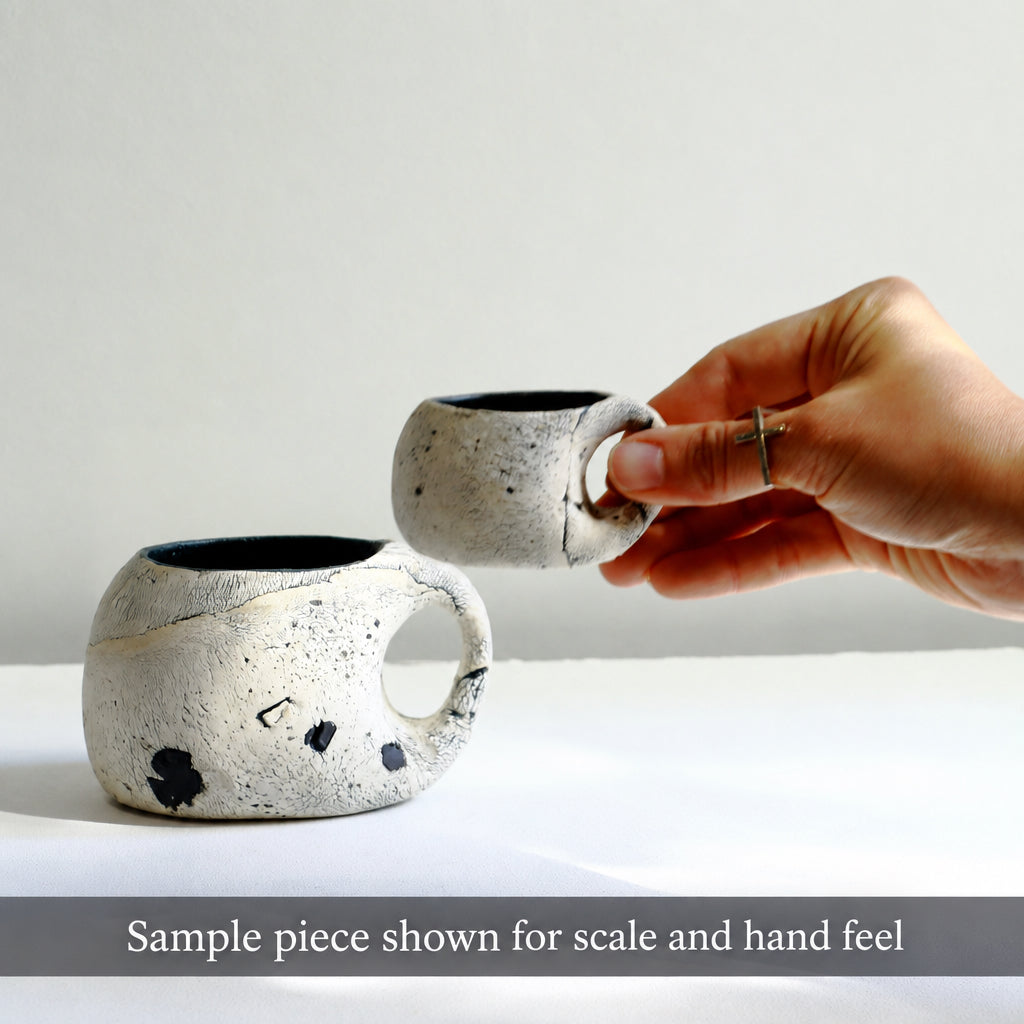 Two handmade speckled ceramic cups with loop handles, one sitting on a white surface and one being held by a hand, against a plain light background.